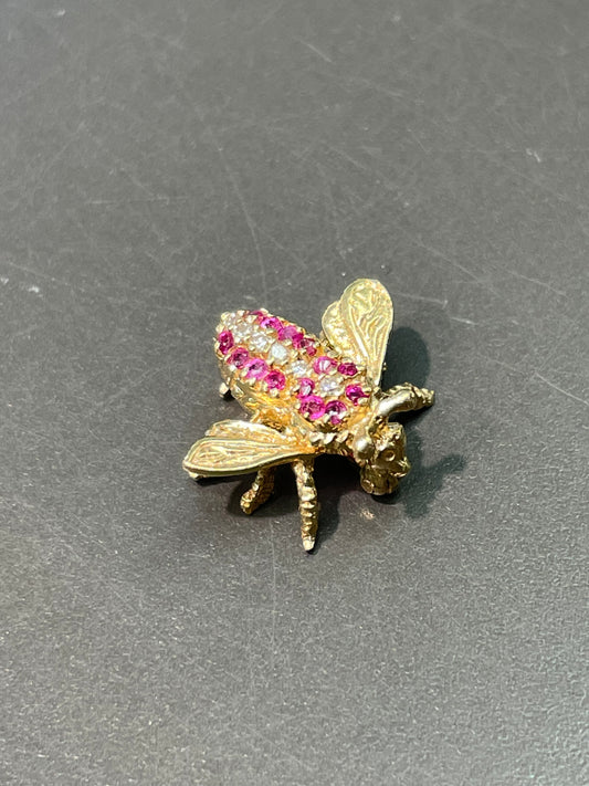 Vintage 14K Gold Ruby and Diamond Bee Brooch