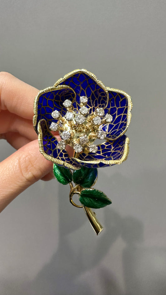 Vintage 14K Or Diamant Plique-A-Jour Émail 'En Tremblant' Fleur