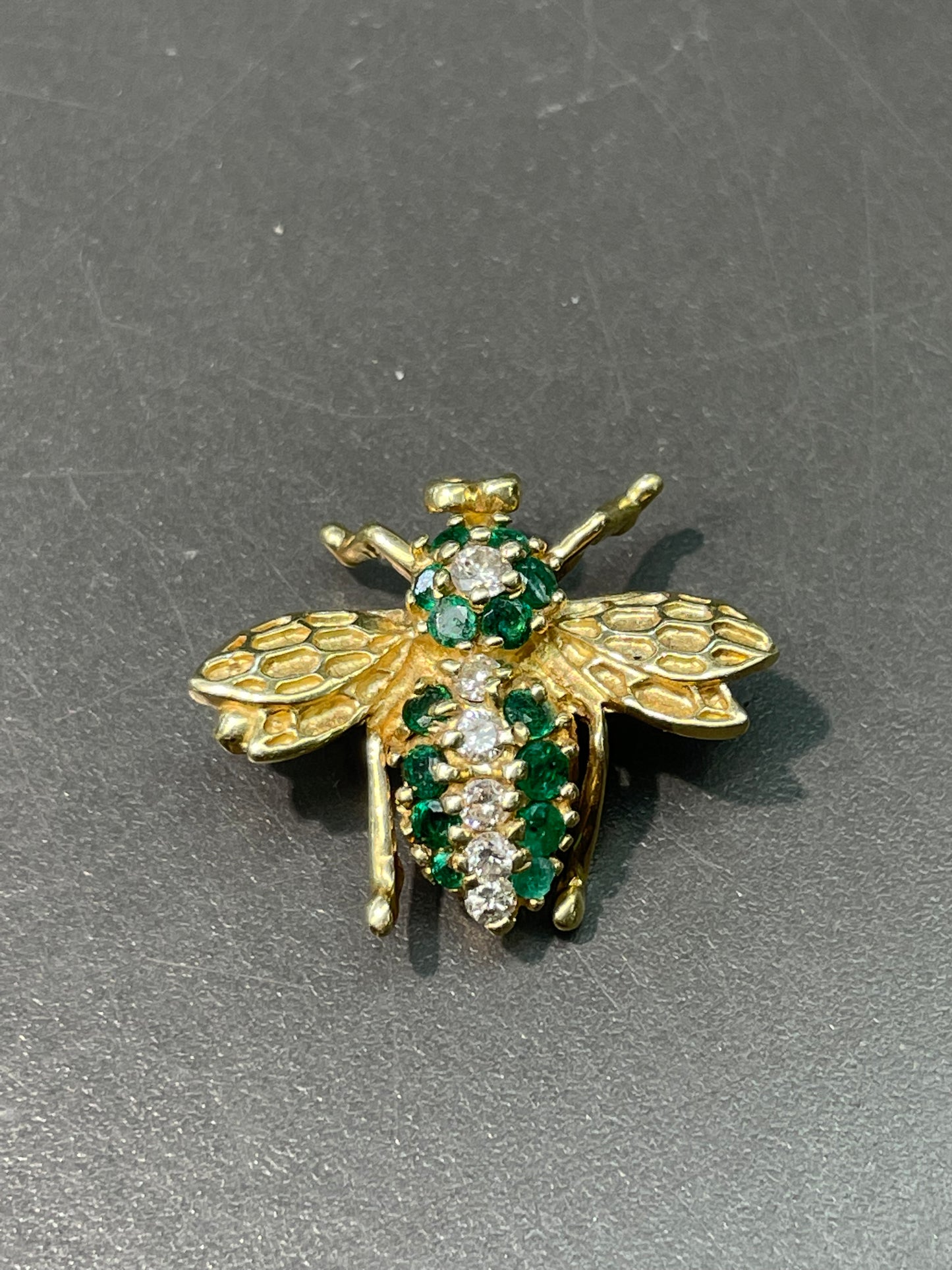 Vintage 14K Gold Emerald and Diamond Bee Pendant