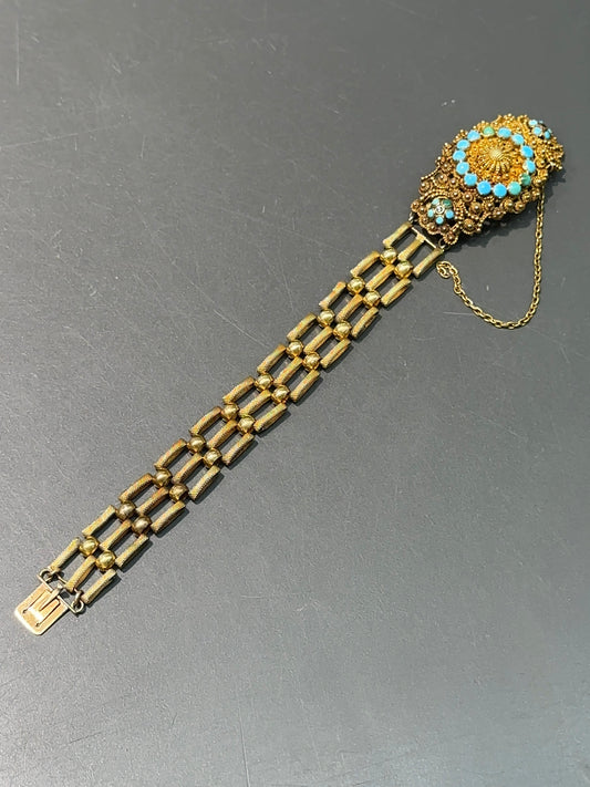 Bracelet Cannetille Géorgien Français Or 18 Carats Turquoise