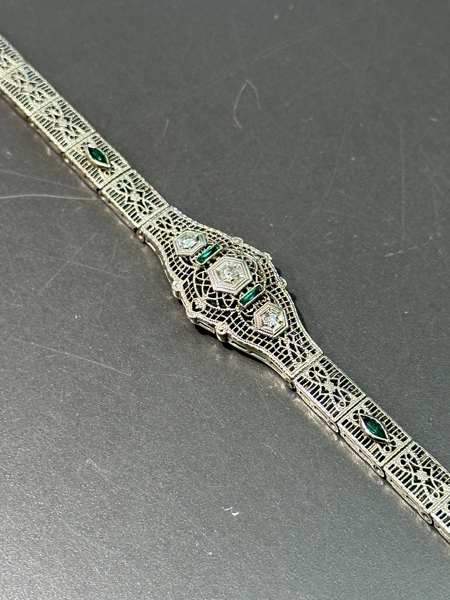 Art Deco 14K Gold Emerald and Diamond Filigree Bracelet