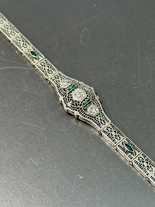 Art Deco 14K Gold Emerald and Diamond Filigree Bracelet