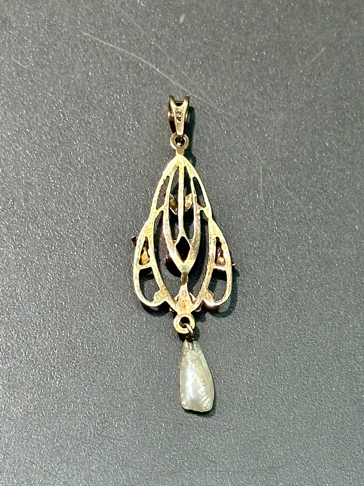 Art Nouveau 10K Gold Yellow Topaz and Pearl Lavaliere Pendant