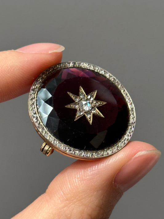 Antique 14K Gold Topped Platinum Faceted Garnet Diamond Starburst Brooch