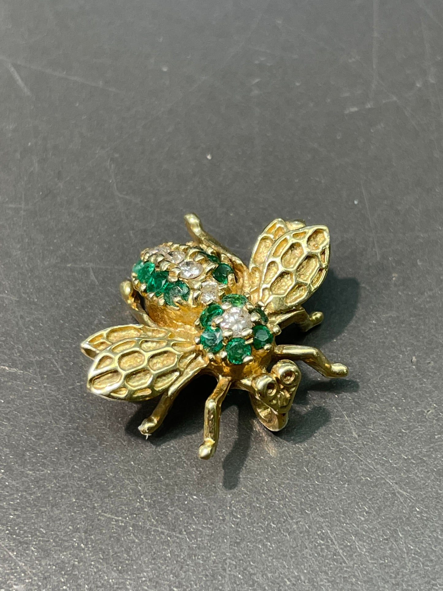 Vintage 14K Gold Emerald and Diamond Bee Pendant