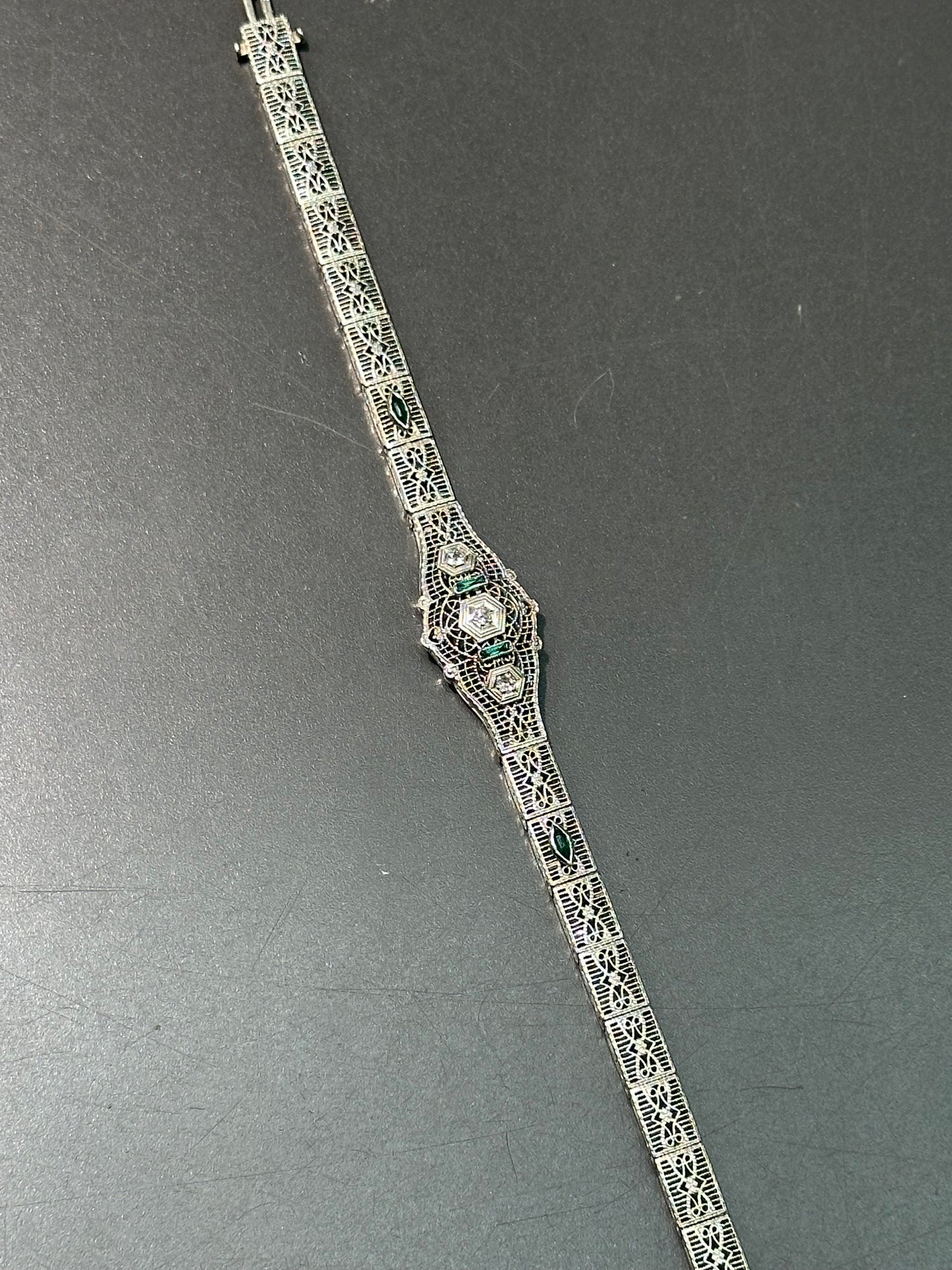 Art Deco 14K Gold Emerald and Diamond Filigree Bracelet