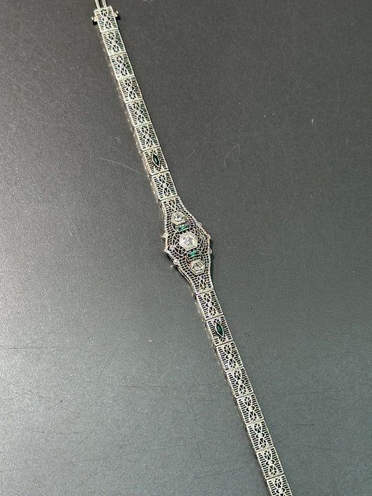 Art Deco 14K Gold Emerald and Diamond Filigree Bracelet