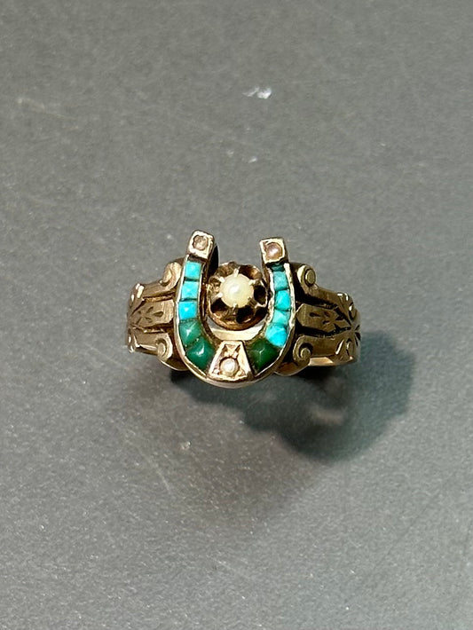 Victorian 14K Gold Turquoise Pearl Horse Shoe Ring