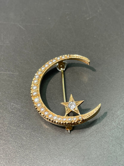 古董 14K 金珍珠和钻石新月和星形胸针