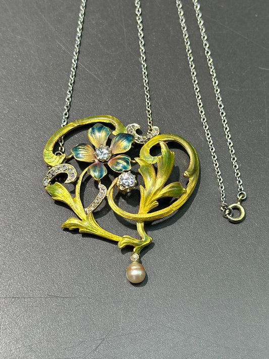 Art Nouveau 14K Gold Enamel Flower Seed Pearl Pendant with Platinum Chain