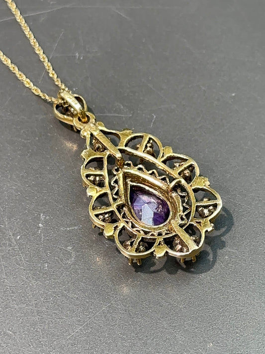 Victorian Style 14K Gold Amethyst Pearl Drop Shape Pendant