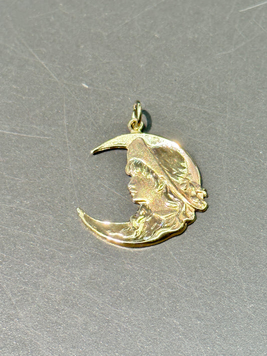 Pendentif femme et croissant Art Nouveau en or 14 carats