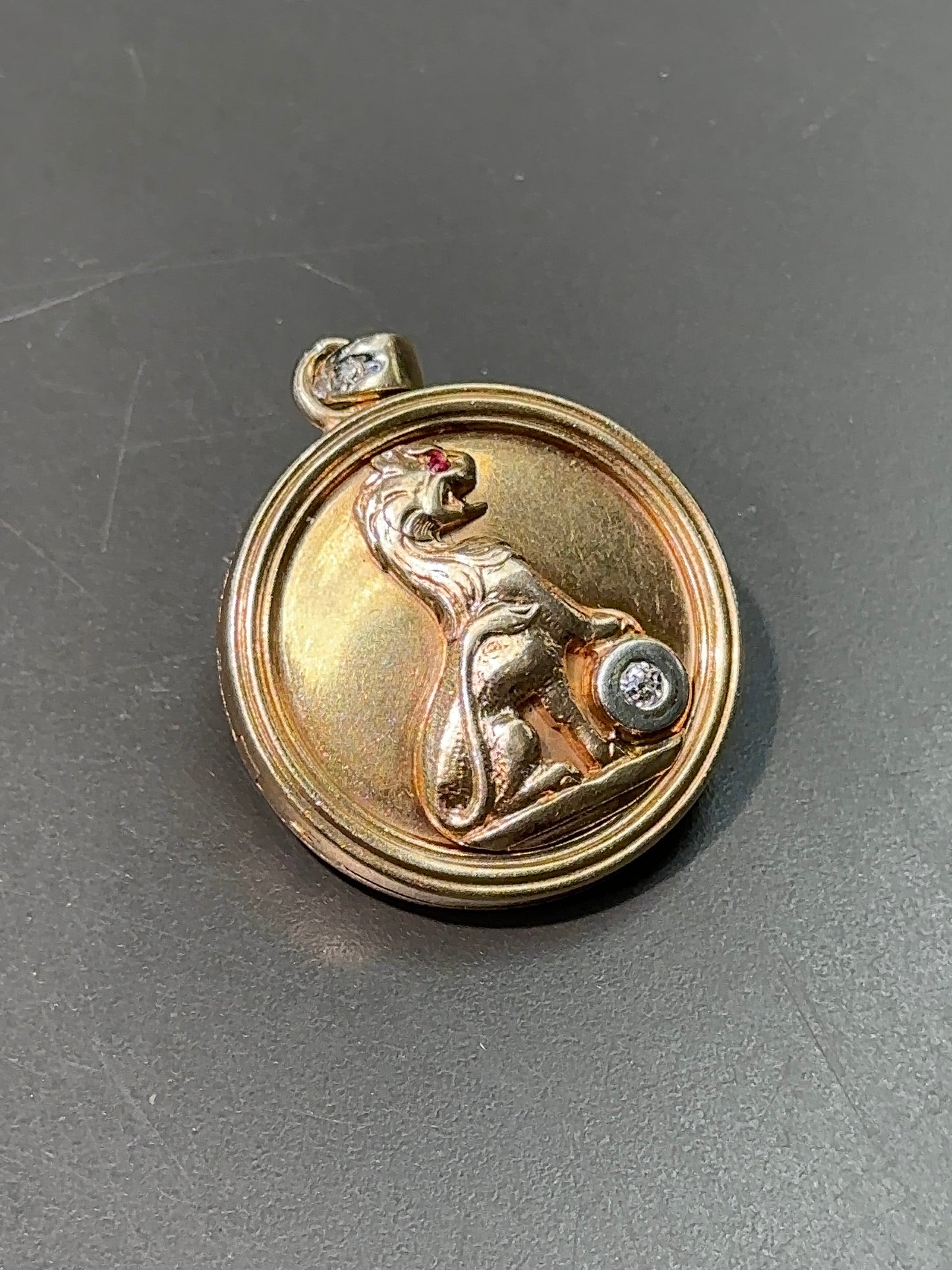 [ON RESERVE] Antique 14K Gold Diamond and Ruby Lion Head Locket Pendant