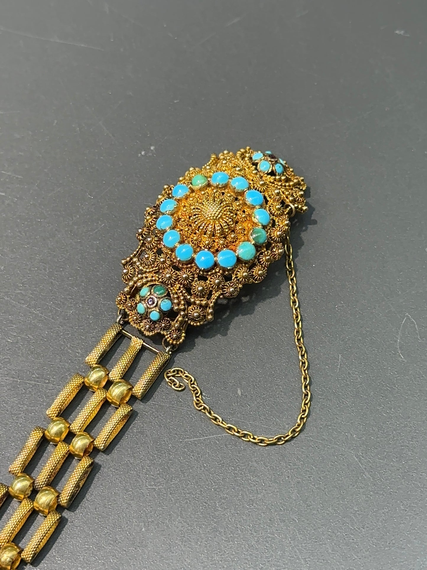 Georgian French 18K Gold Turquoise Cannetille Bracelet