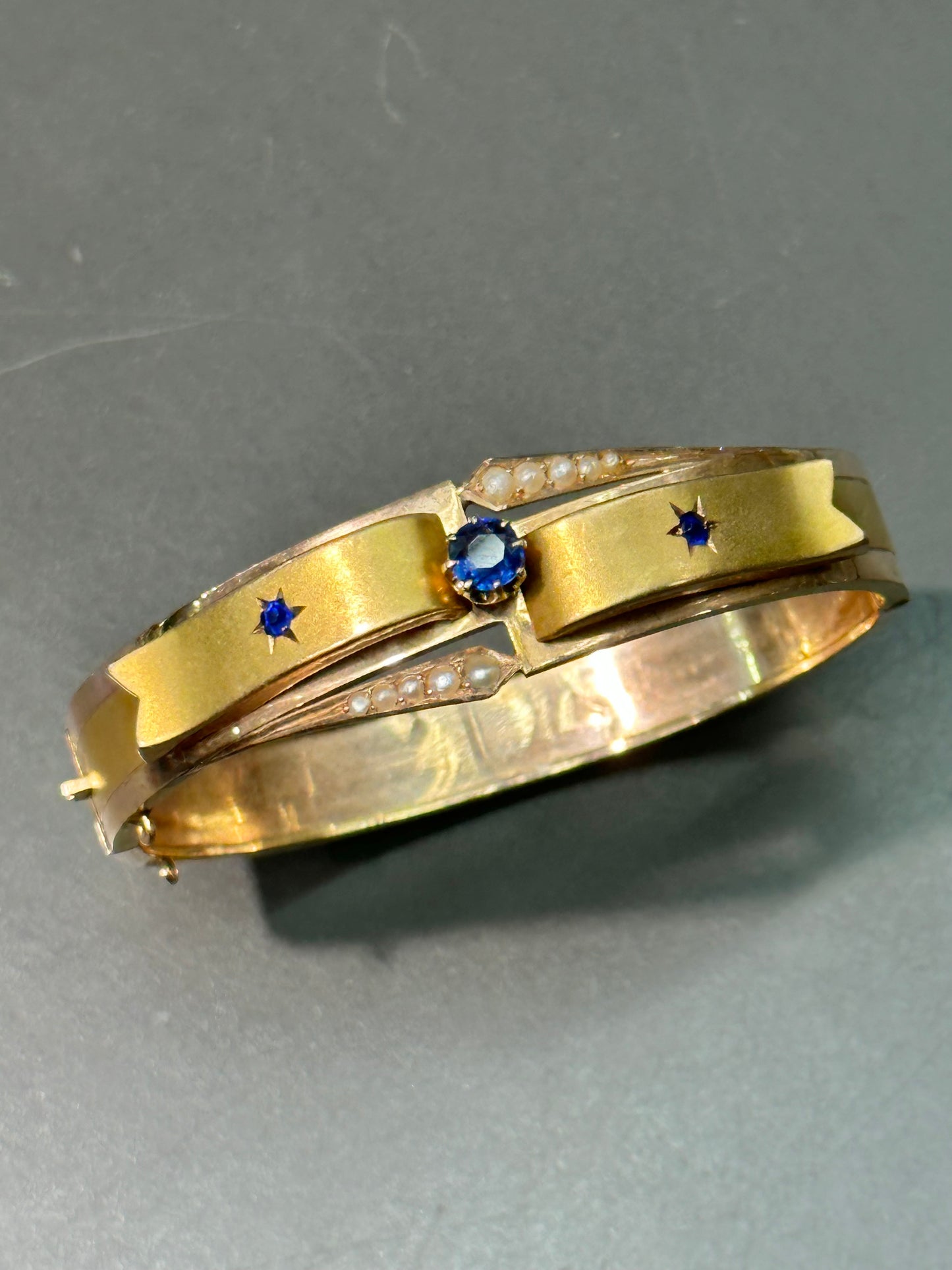 Victorian 14K Gold Sapphire and Seed Pearl Star Burst Bracelet