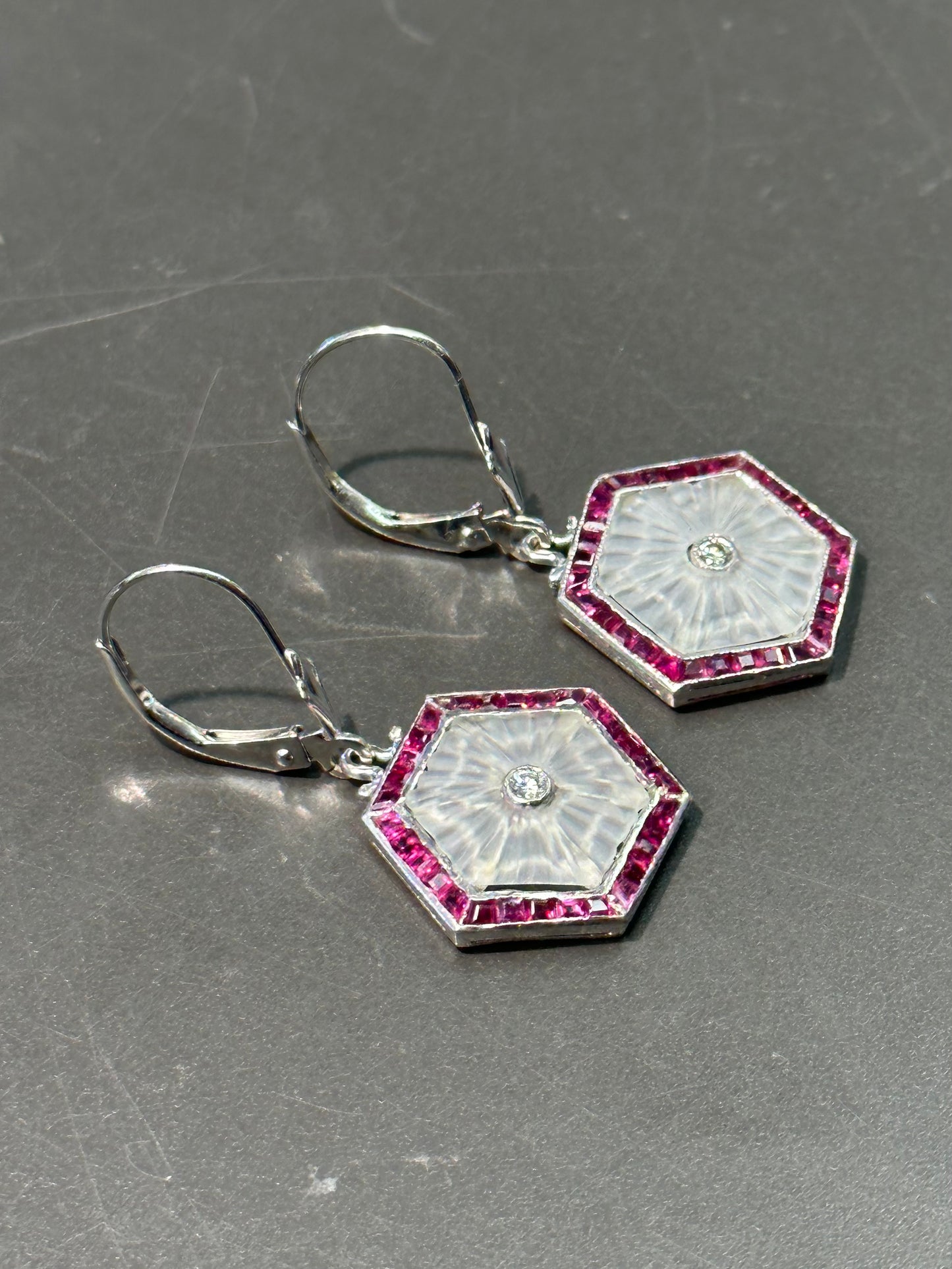 Art Deco Platinum 14K Gold Ruby Diamond Camphor Glass Hexagon Earrings