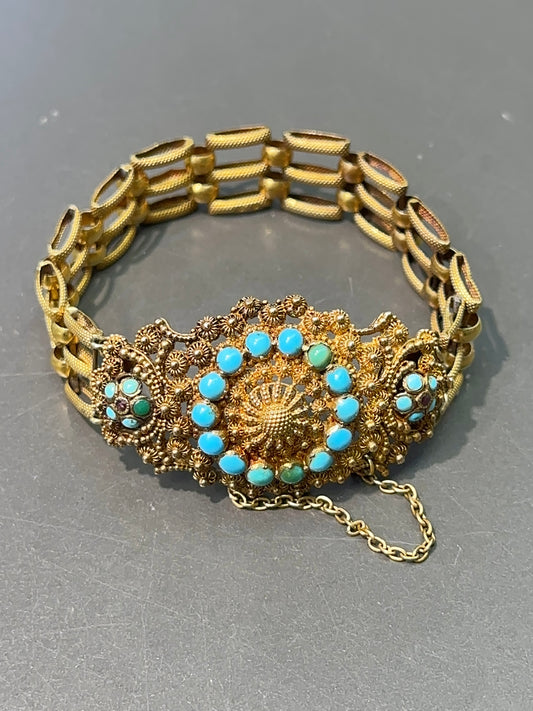 Bracelet Cannetille Géorgien Français Or 18 Carats Turquoise