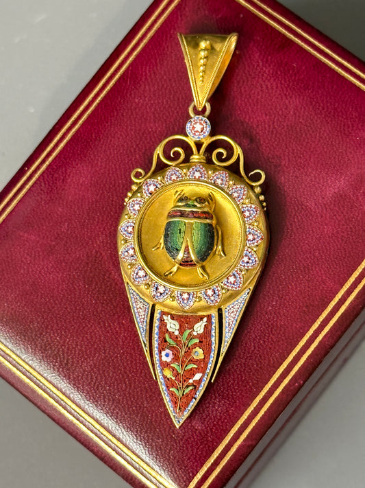 Victorian Etruscan 22K Gold Micro-Mosaic Scarab Pendant