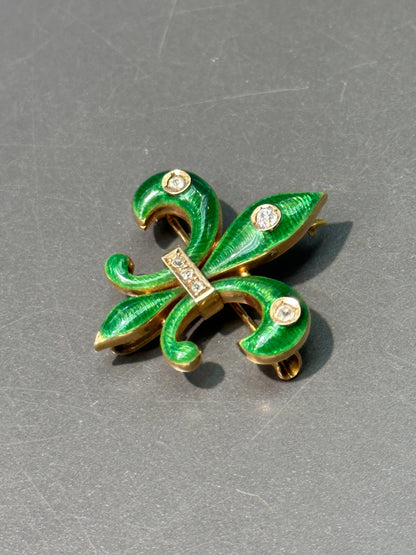 Art Nouveau 14K Gold Green Enamel Fleur-De-Lis Diamond Brooch