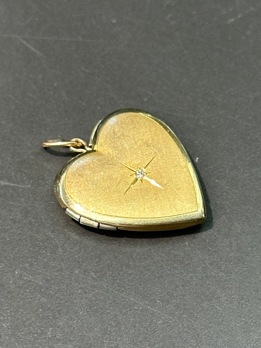 Vintage 14K Gold Large Diamond Heart Star Burst Locket Pendant Charm