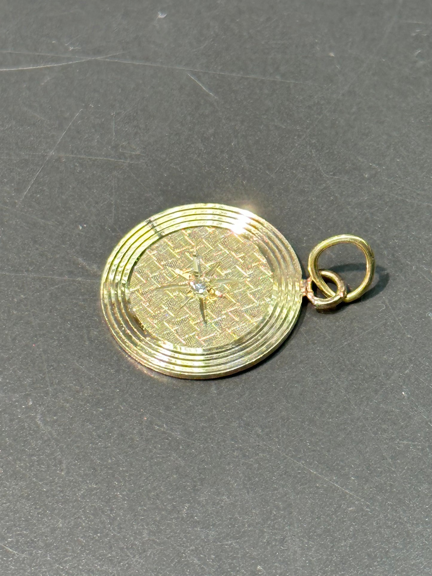 Vintage 14K Gold Circular Medallion Diamond Starburst Charm