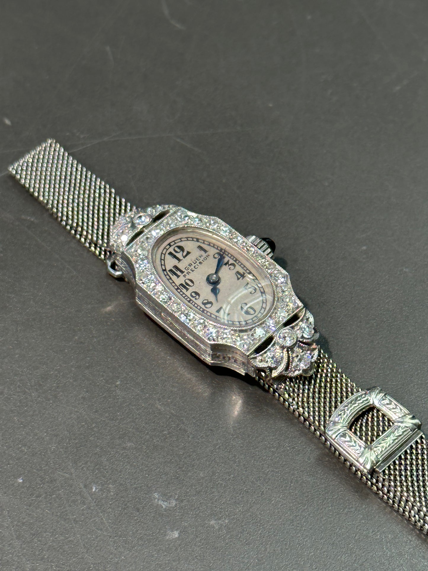 Art Deco 18K Gold Diamond Adjustable Mesh Watch Bracelet