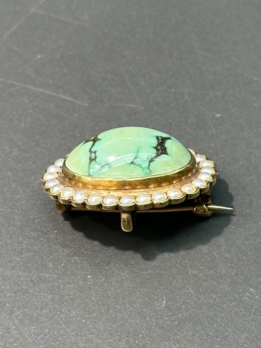 Art Nouveau 14K Gold Turquoise and Seed Pearl Brooch