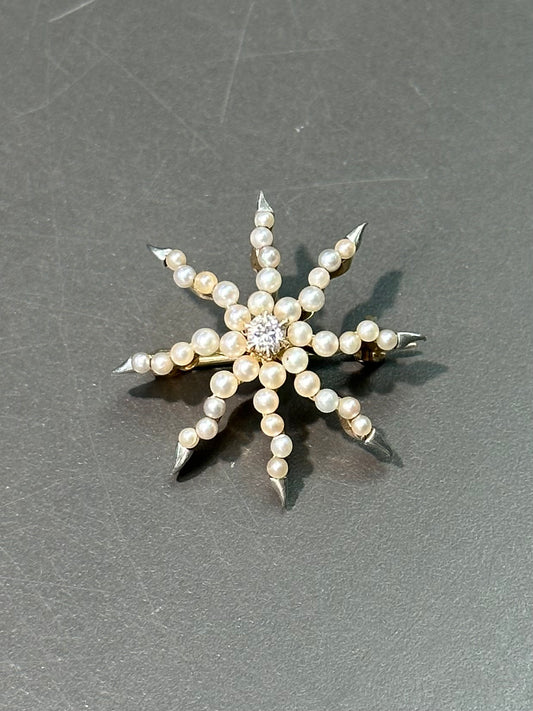 Antique victorienne 14K Gold Seed Pearl et Diamond Star Burst Broche Pendentif Broche