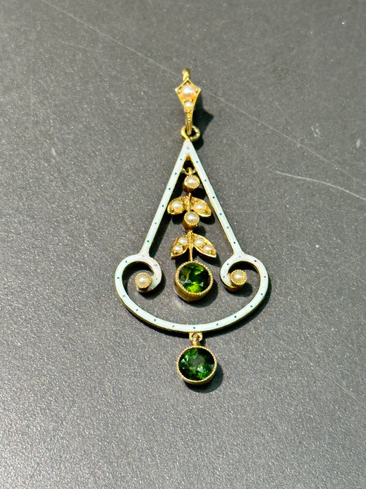 Art Nouveau 15K Gold White Enameled Tourmaline Seed Pearl Lavalier Pendant