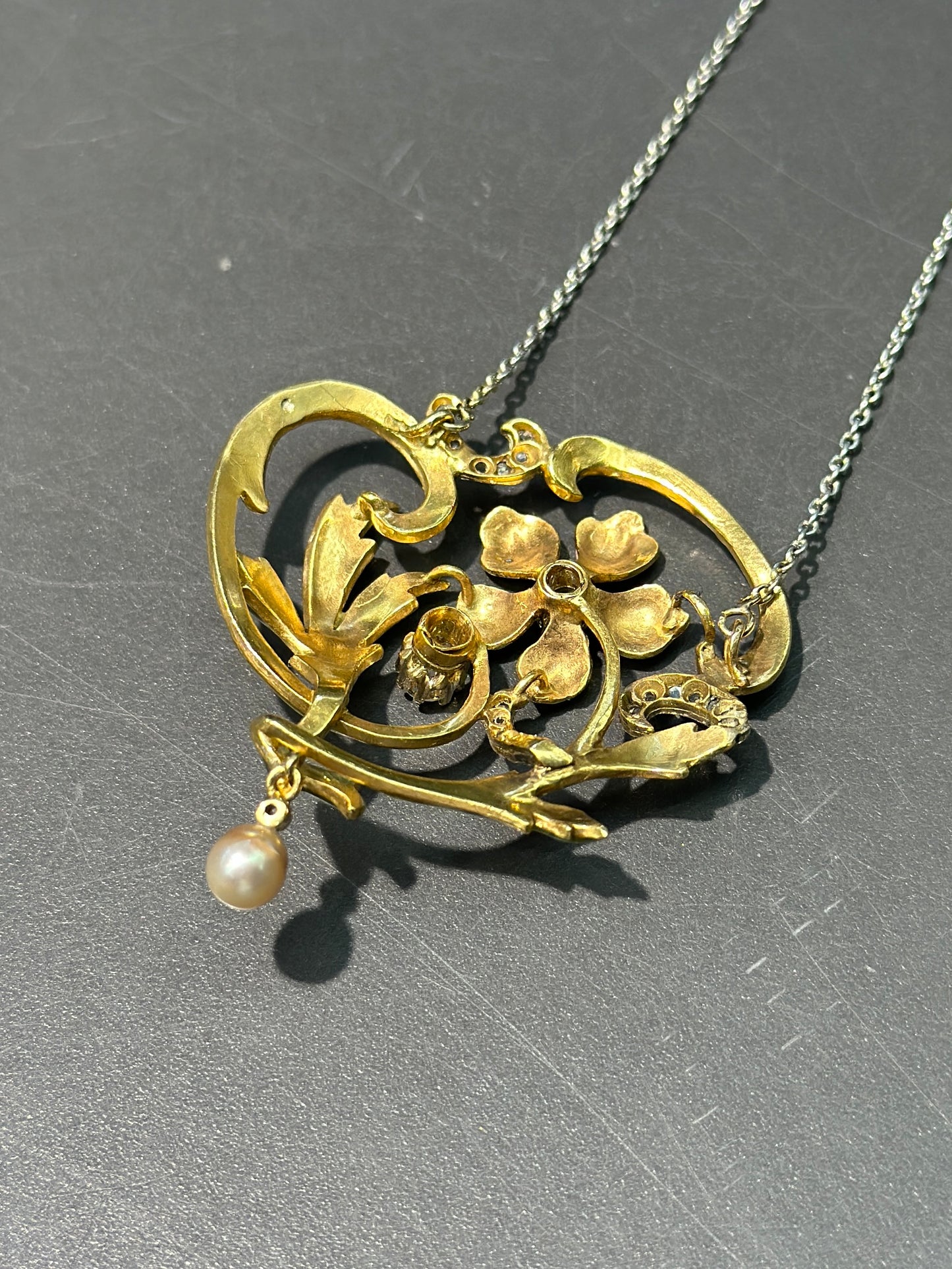 Art Nouveau 14K Gold Enamel Flower Seed Pearl Pendant with Platinum Chain