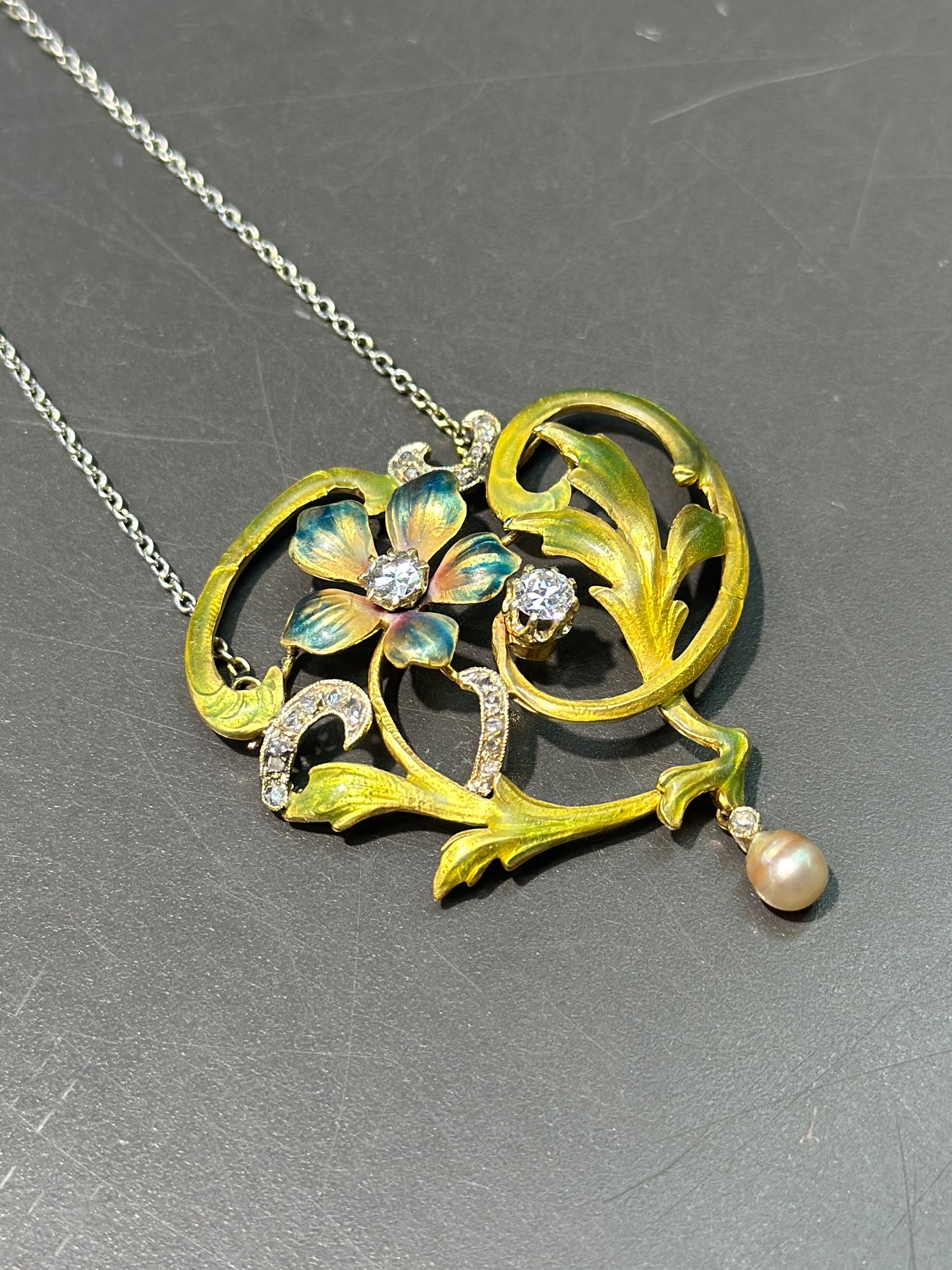 Art Nouveau 14K Gold Enamel Flower Seed Pearl Pendant with Platinum Chain