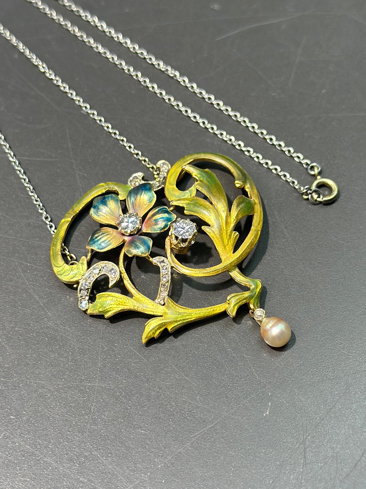 Art Nouveau 14K Gold Enamel Flower Seed Pearl Pendant with Platinum Chain