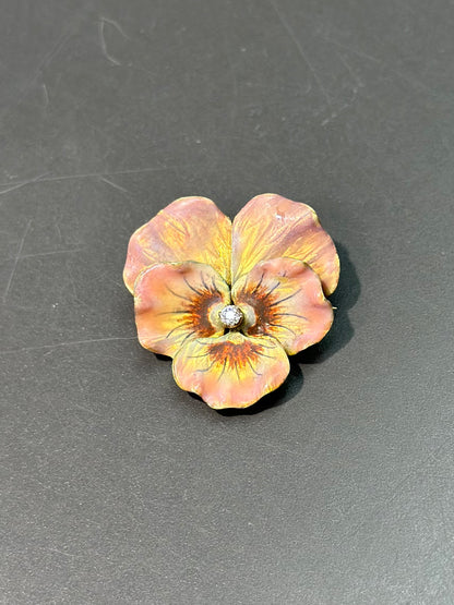 Art Nouveau 14K Gold Pink Enamel Diamond Pansy Flower Brooch