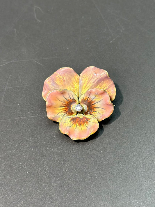 Art Nouveau 14K Gold Pink Enamel Diamond Pansy Flower Brooch