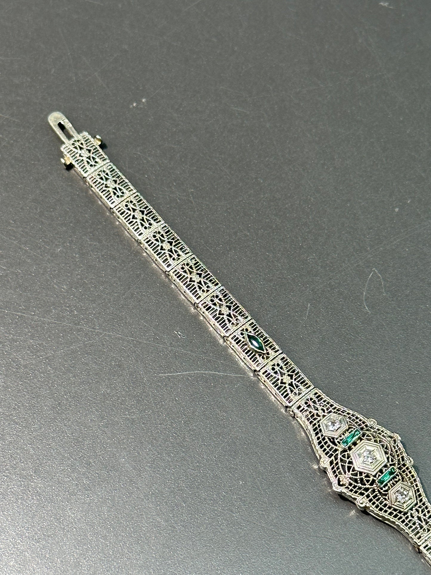 Art Deco 14K Gold Emerald and Diamond Filigree Bracelet