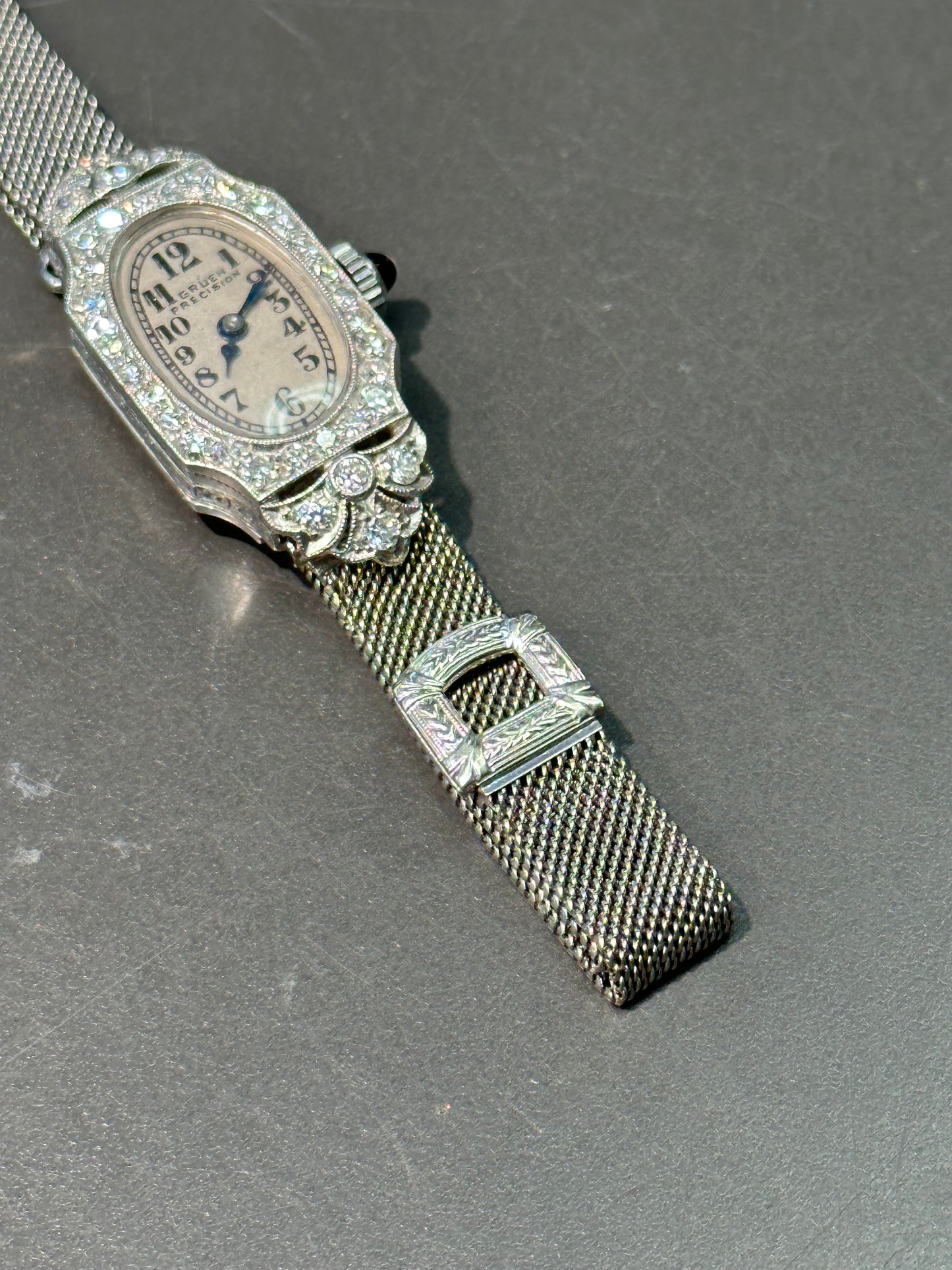 Art Deco 18K Gold Diamond Adjustable Mesh Watch Bracelet