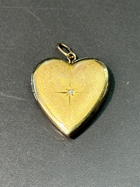 Vintage 14K Gold Large Diamond Heart Star Burst Locket Pendant Charm