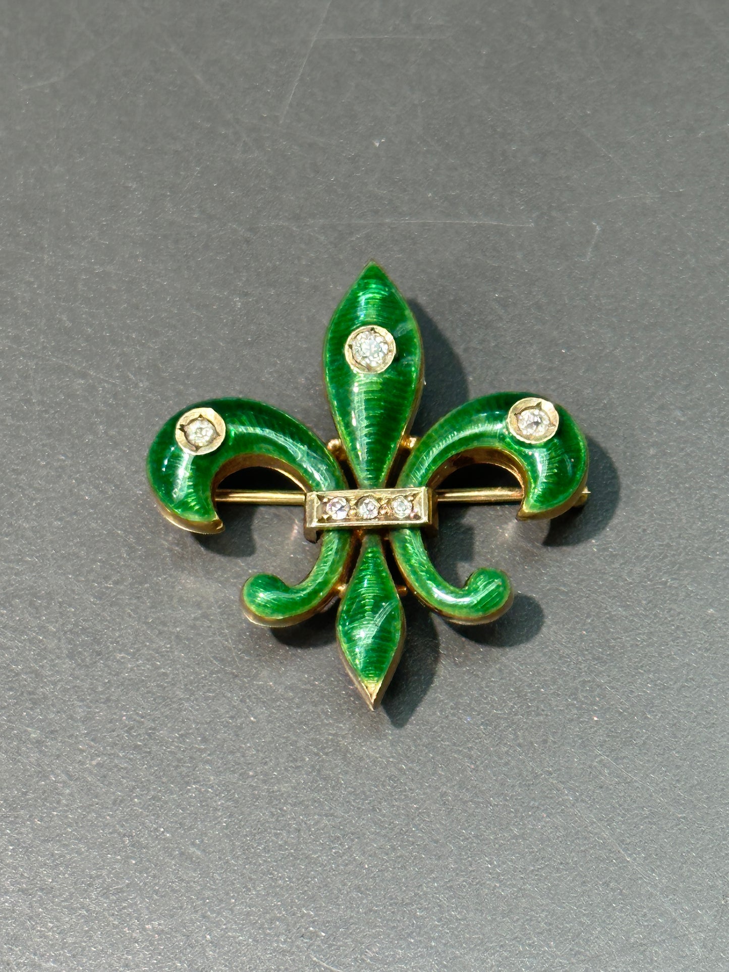 Art Nouveau 14K Gold Green Enamel Fleur-De-Lis Diamond Brooch