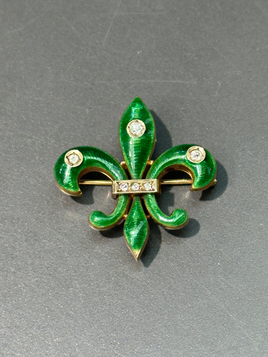 Art Nouveau 14K Or Vert Émail Fleur-De-Lis Diamant Broche