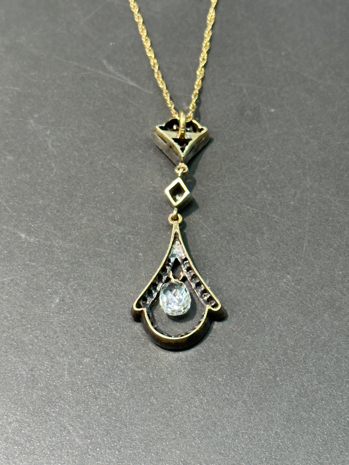 Edwardian 18K Gold Topped Silver Diamond Drop Necklace