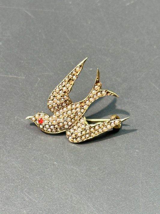 Victorian 14K Gold Seed Pearl Swallow Brooch