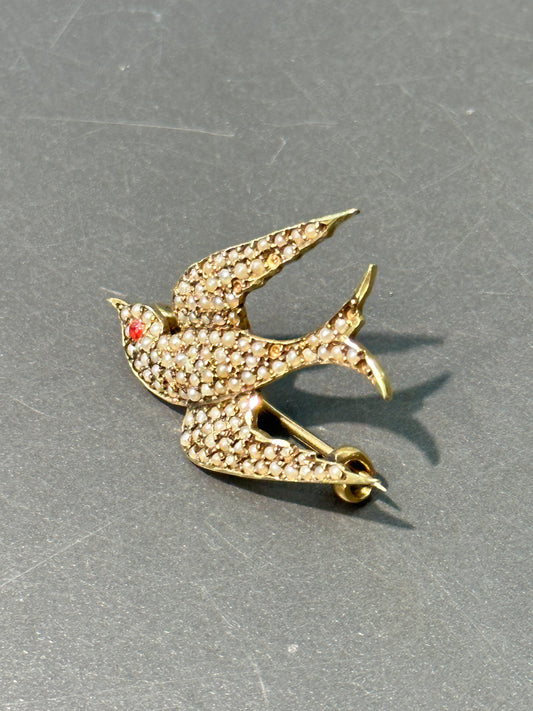 Victorian 14K Gold Seed Pearl Swallow Brooch