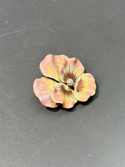 Art Nouveau 14K Gold Pink Enamel Diamond Pansy Flower Brooch