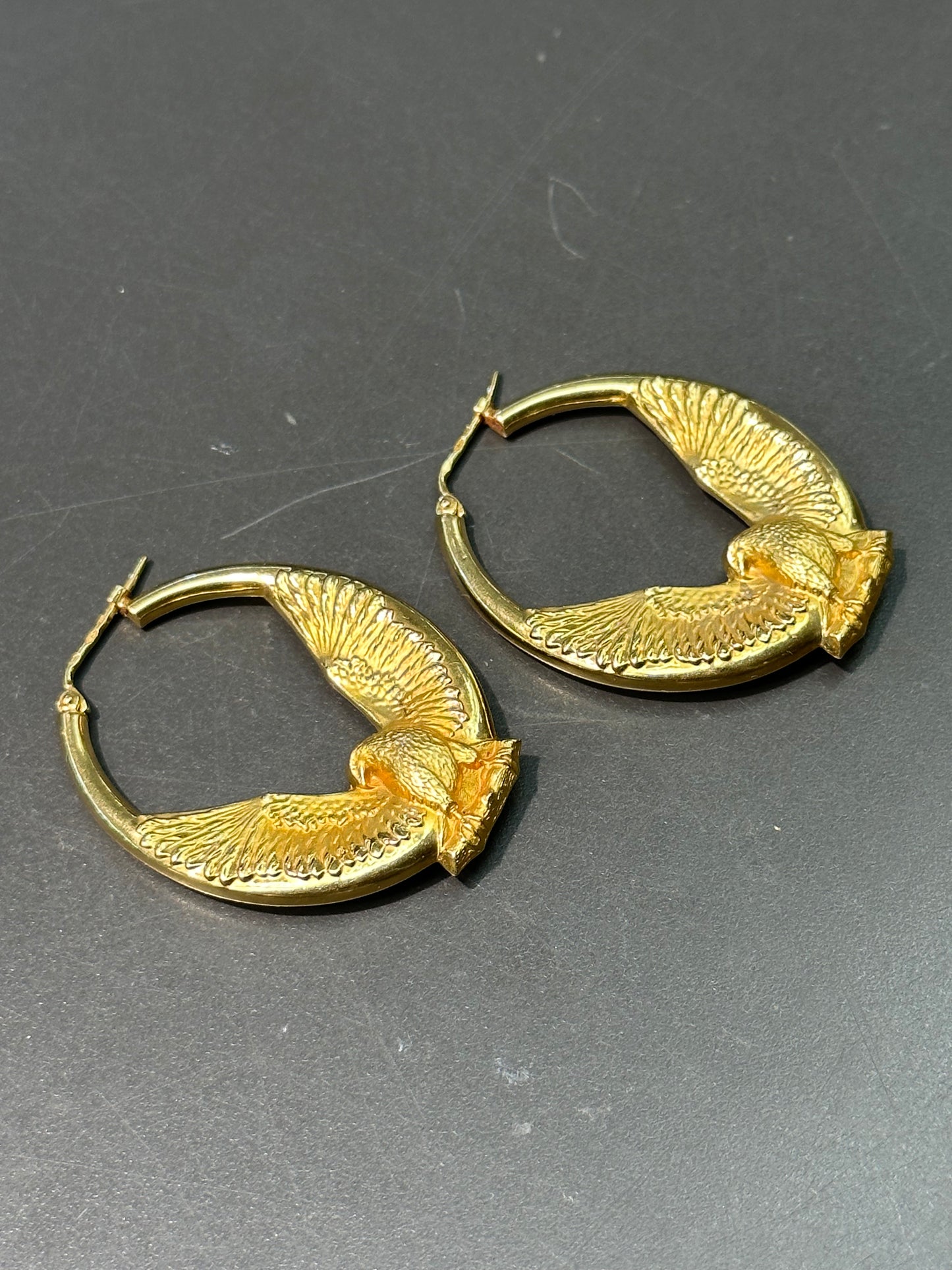 French 18K Gold Eagle Hoop Earring