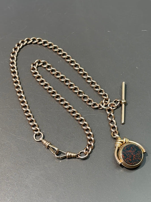 Chaîne Albert antique en or 9 carats et collier de charme spinner cornaline en pierre de sang