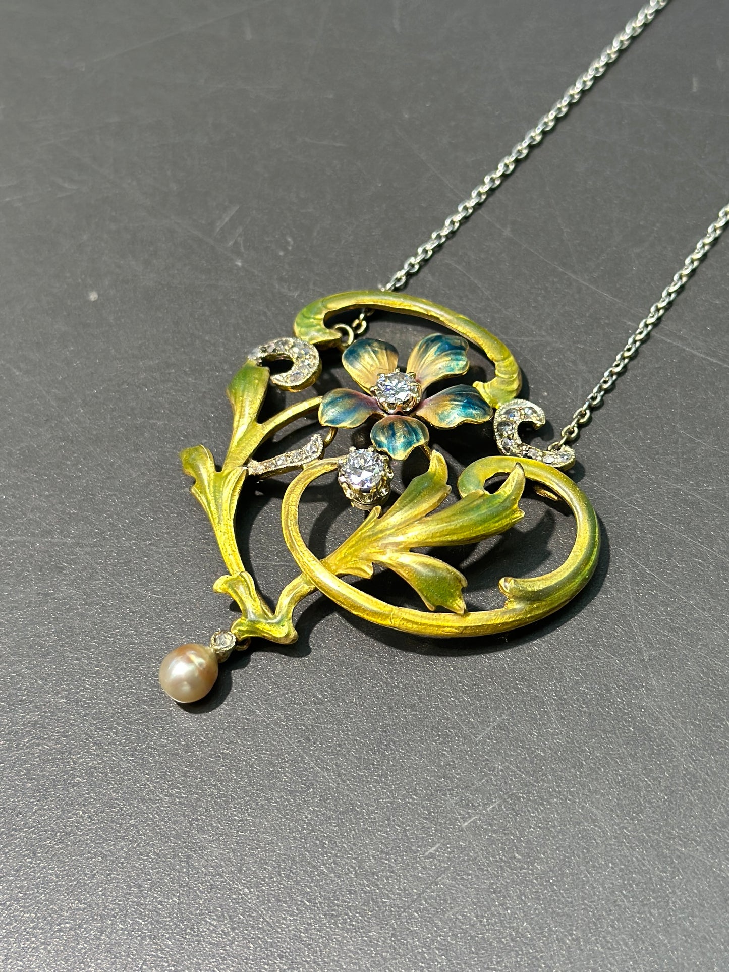 Art Nouveau 14K Gold Enamel Flower Seed Pearl Pendant with Platinum Chain