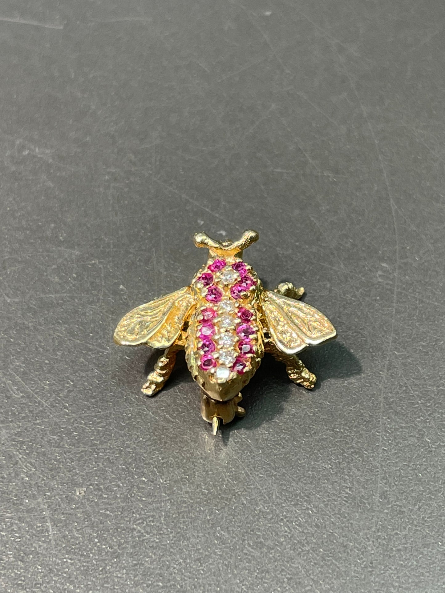 Vintage 14K Gold Ruby and Diamond Bee Brooch