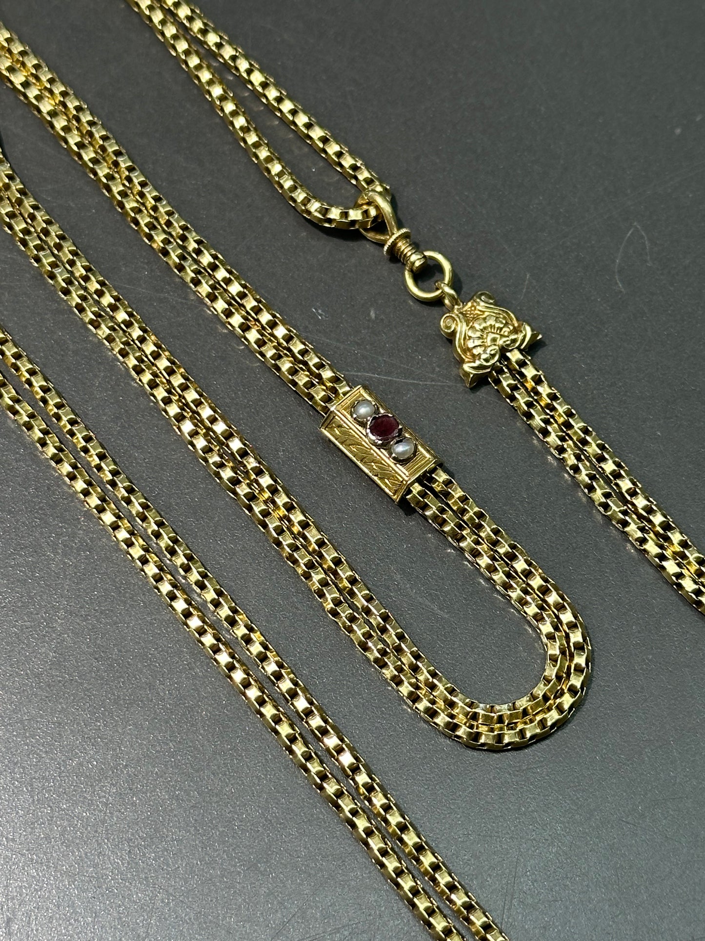 Victorian 18K Gold Box Chain Longuard Slide Watch Chain Necklace