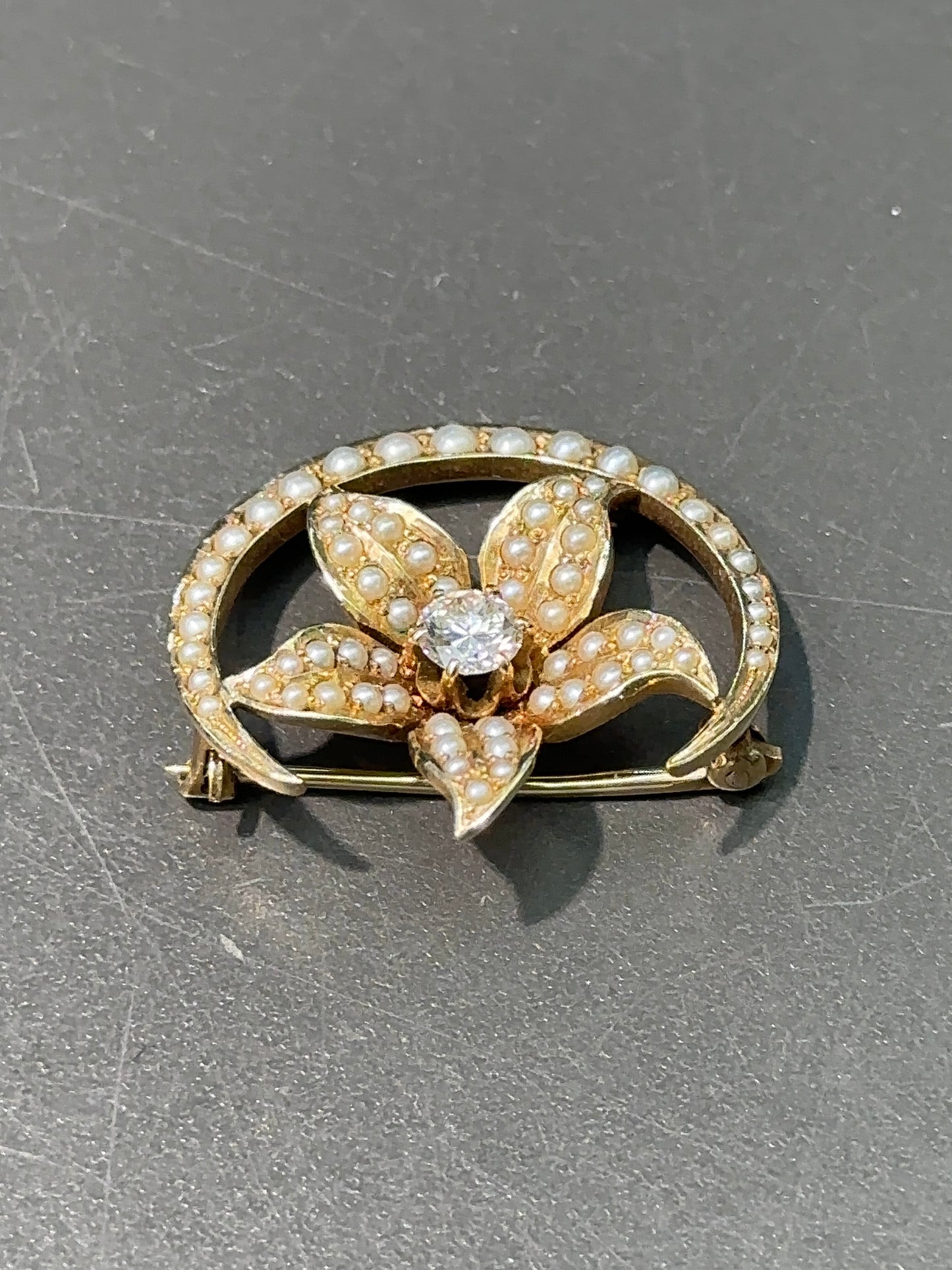 Antique 14K Gold Blooming Lily and Seed Pearl Crescent Brooch 