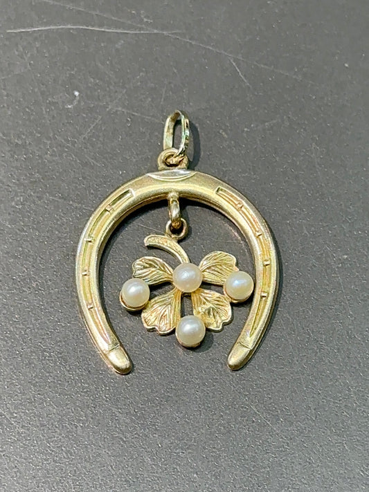 Vintage 14K Gold Large Pearl Horse Shoe Clover Pendant